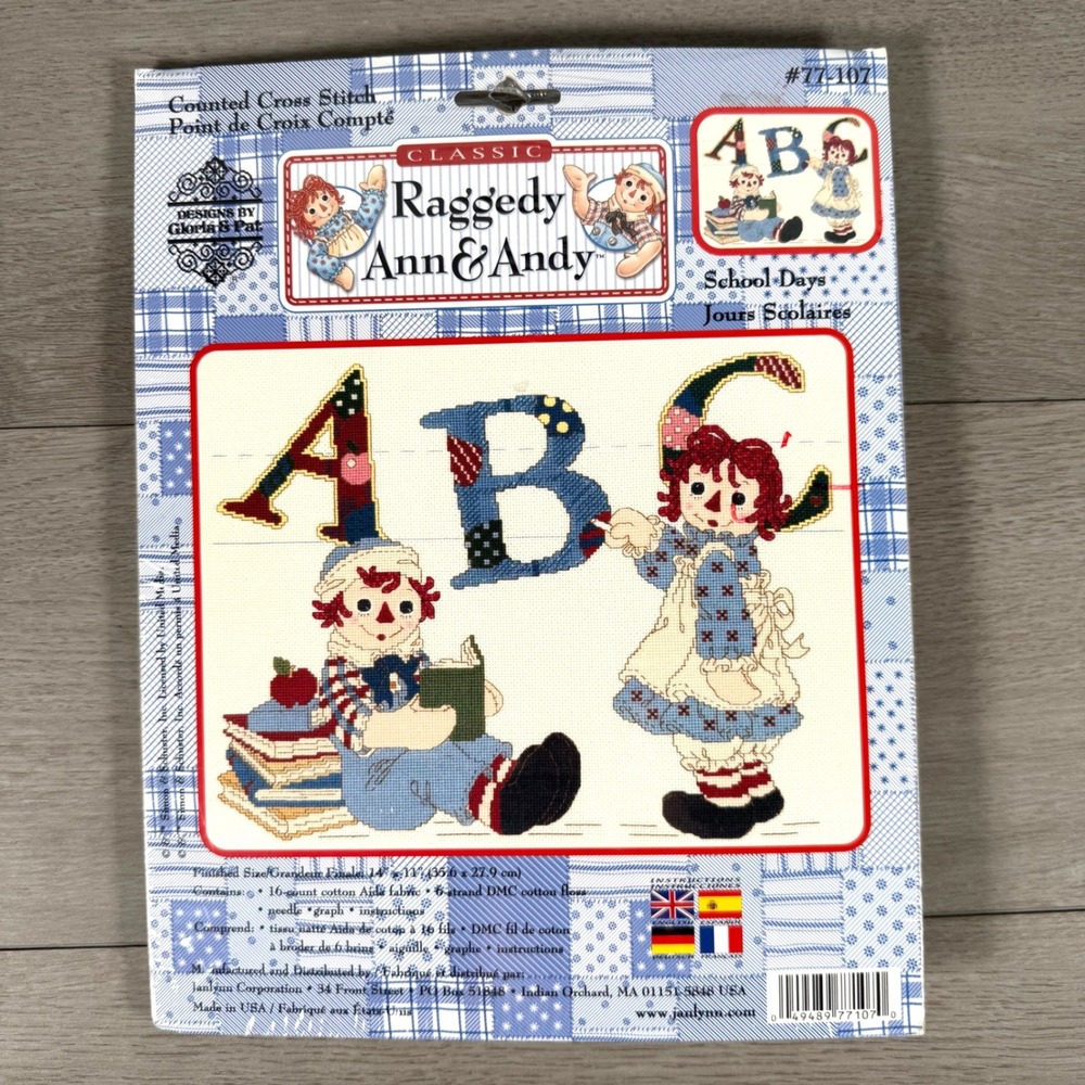 Janlynn Raggedy Ann & Andy School Days Cross Stitch Kit 14x11 Vintage USA